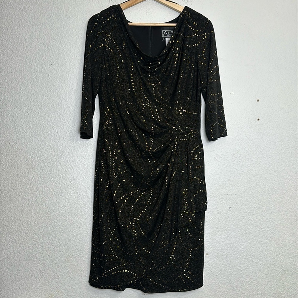 Alex Evenings Women’s Size 8 Black Gold 3/4‎ Sleeve Midi Knee Length Dress